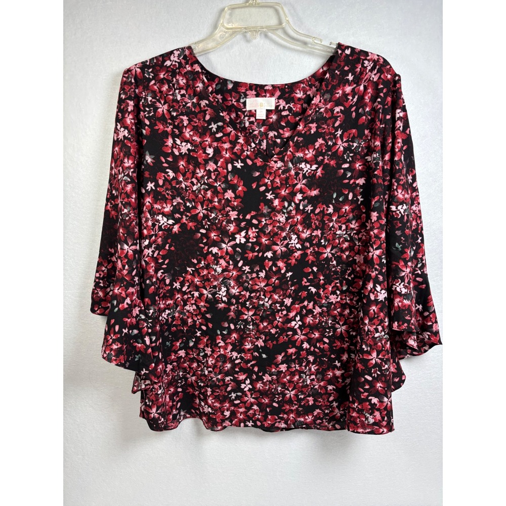 Belle by Kim Gravel Blouse Womens 2X Red Floral Polyester Bell Sleeve Boho Top